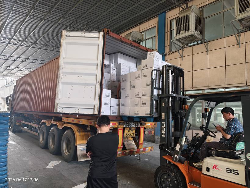 White-boxed SURV product cartons being loaded into CIMC container — June 17 2026 17:06